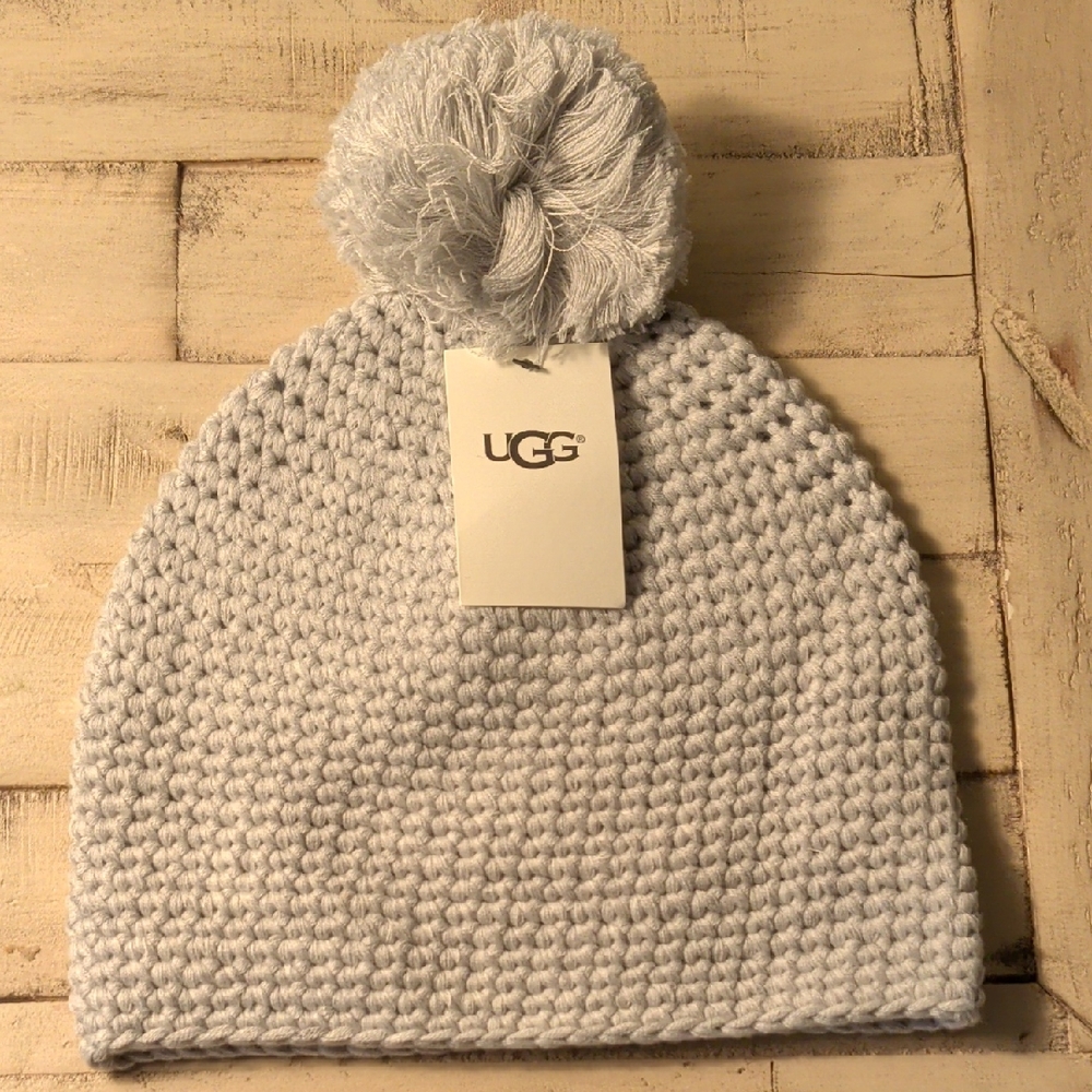 UGG Light Gray Knit Beanie with Pom Pom